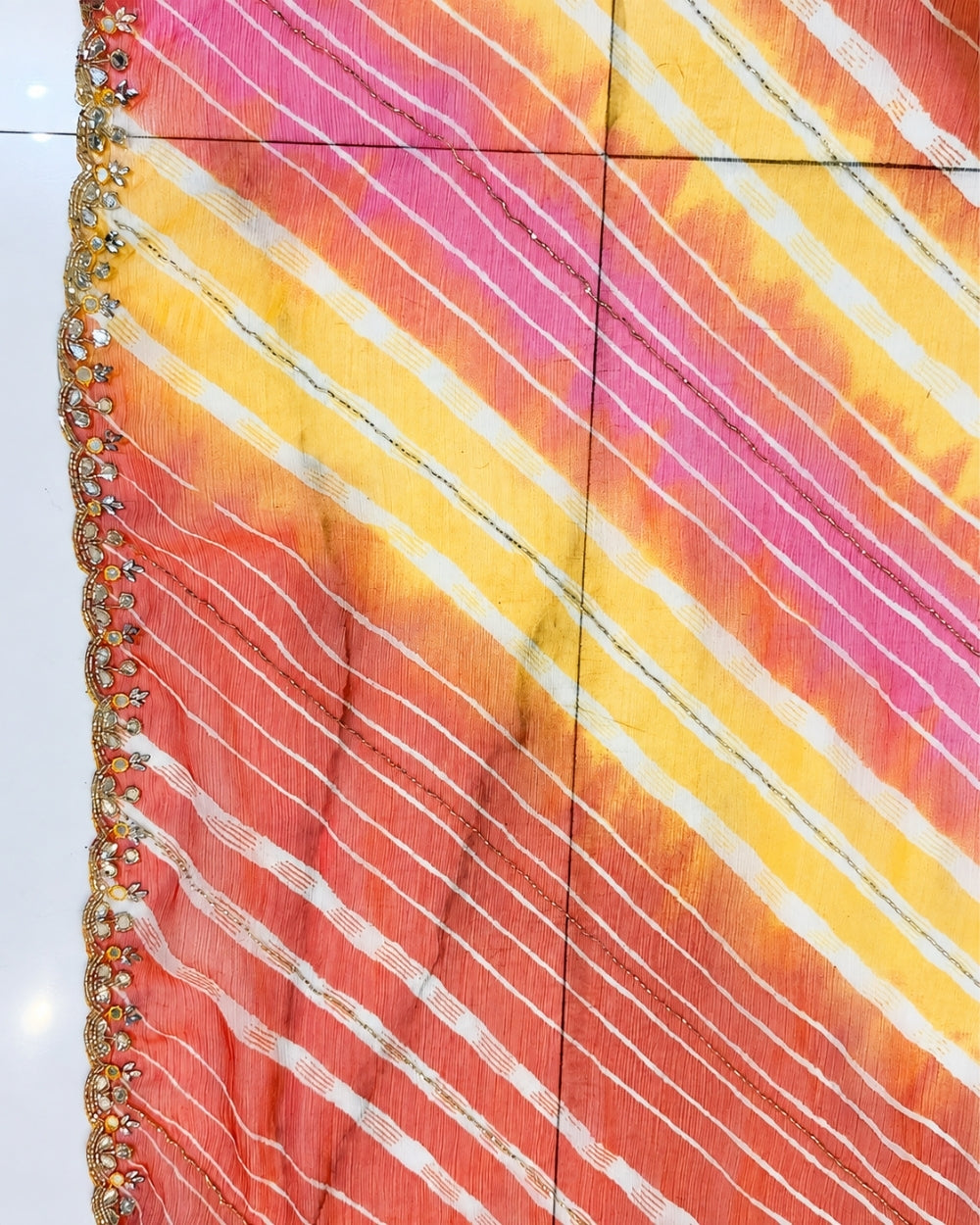 Orange Yellow Chiffon Lehariya Saree with Hand Mirror & Nalki Work (12626080)