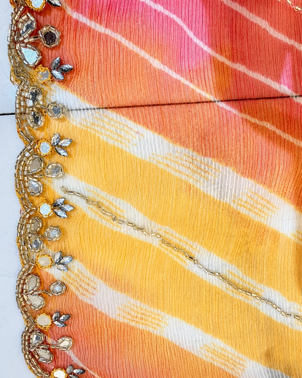 Orange Yellow Chiffon Lehariya Saree with Hand Mirror & Nalki Work (12626080)