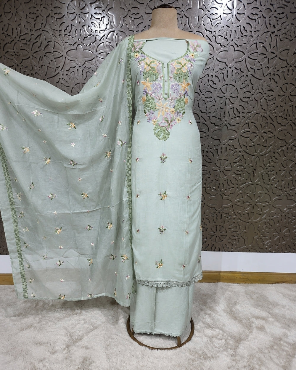 Pista Green Mul Cotton Suit with Resham Embroidery (12625861)
