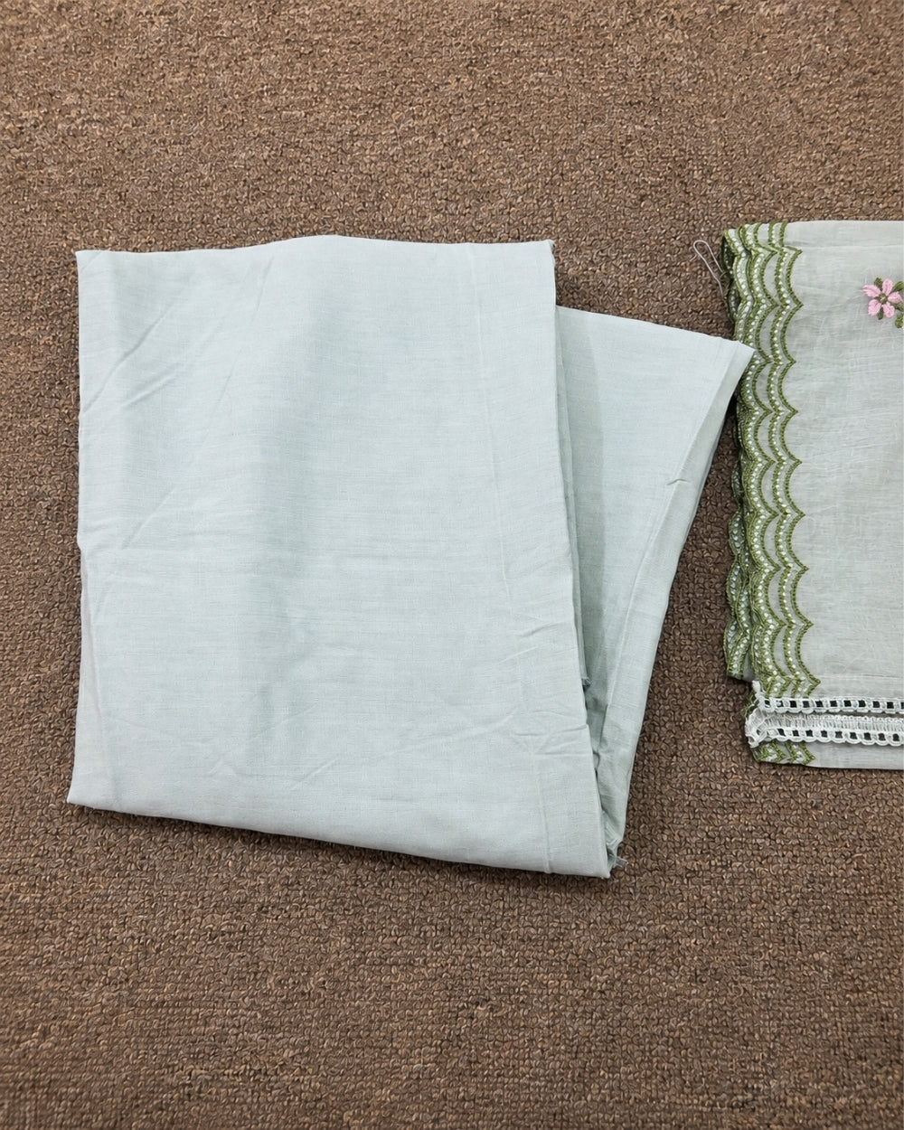 Pista Green Mul Cotton Suit with Resham Embroidery (12625861)