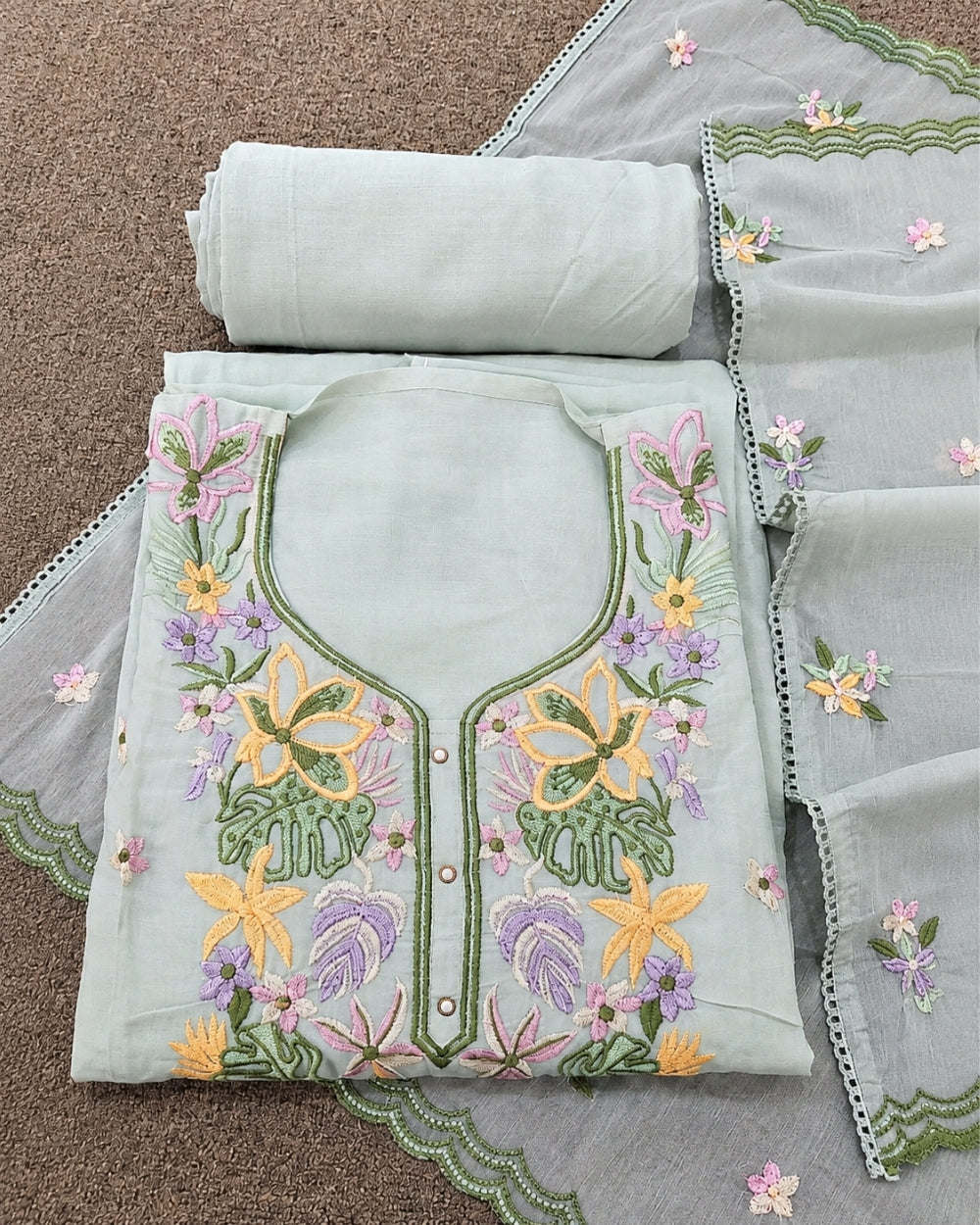 Pista Green Mul Cotton Suit with Resham Embroidery (12625861)