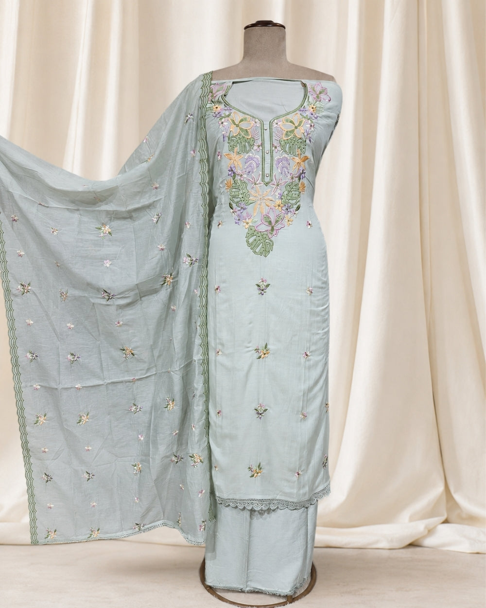 Pista Green Mul Cotton Suit with Resham Embroidery (12625861)