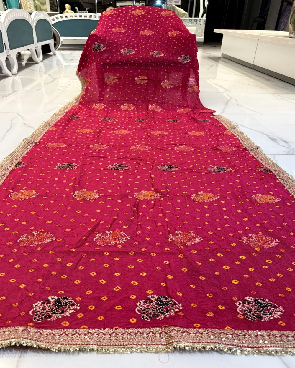 Rani Munga Weaving Bandhej Saree with Zari Border (12627488)