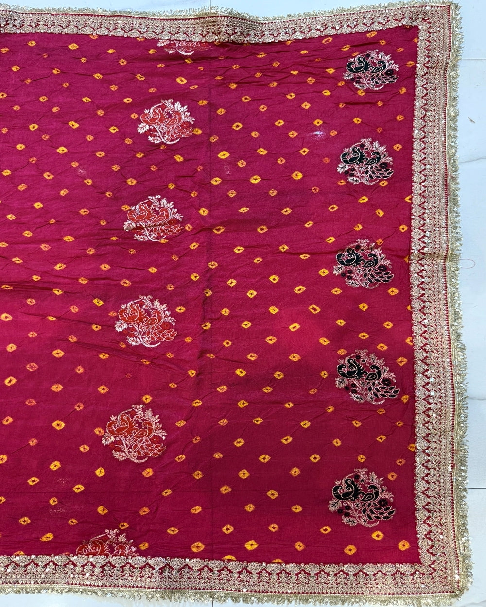 Rani Munga Weaving Bandhej Saree with Zari Border (12627488)