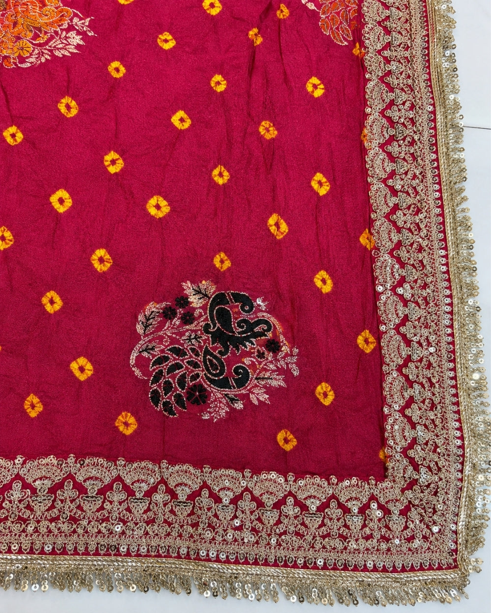 Rani Munga Weaving Bandhej Saree with Zari Border (12627488)