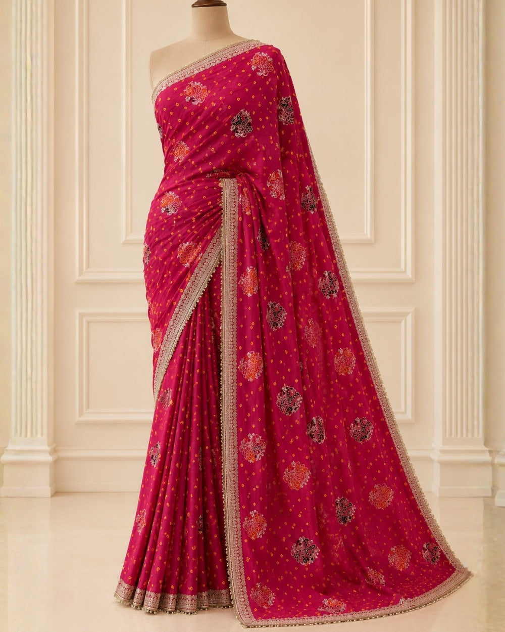 Rani Munga Weaving Bandhej Saree with Zari Border (12627488)