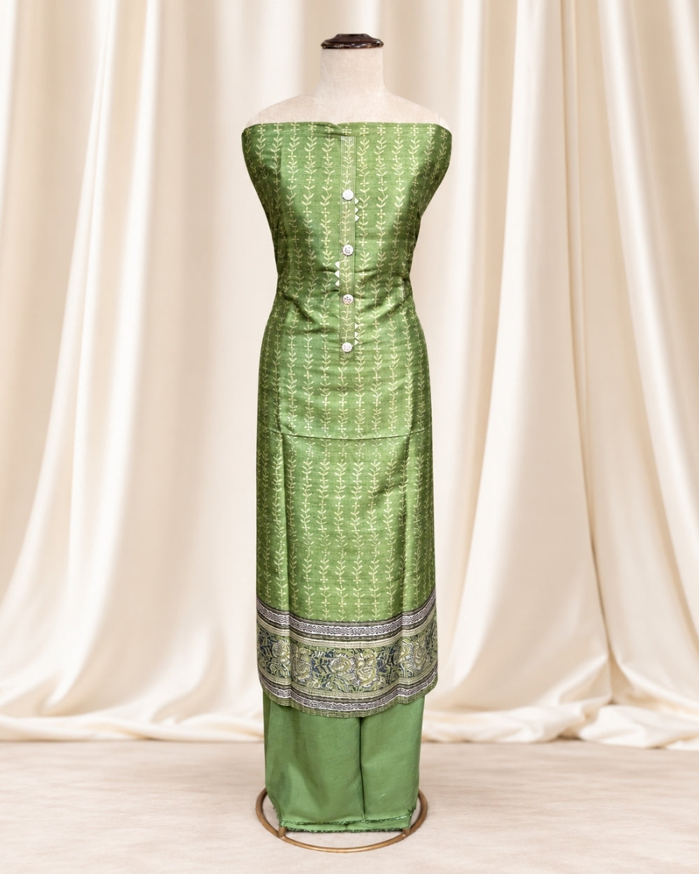 Green Chanderi Silk Kurta with Dabu Kalamkari Print (12640014)