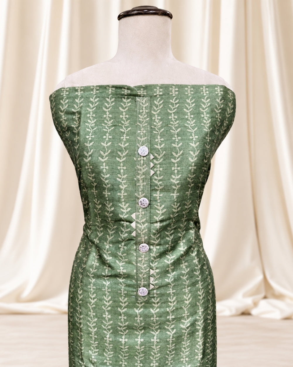Green Chanderi Silk Kurta with Dabu Kalamkari Print (12640014)