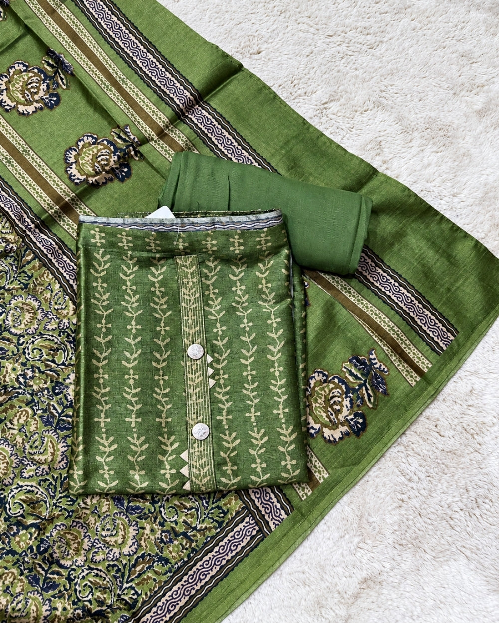 Green Chanderi Silk Kurta with Dabu Kalamkari Print (12640014)