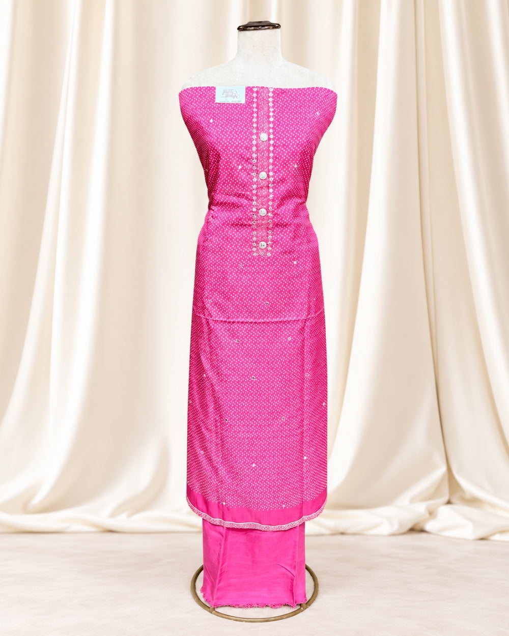 Chanderi silk rani colour with dabo kalmkariprint goota work neck (12640019)