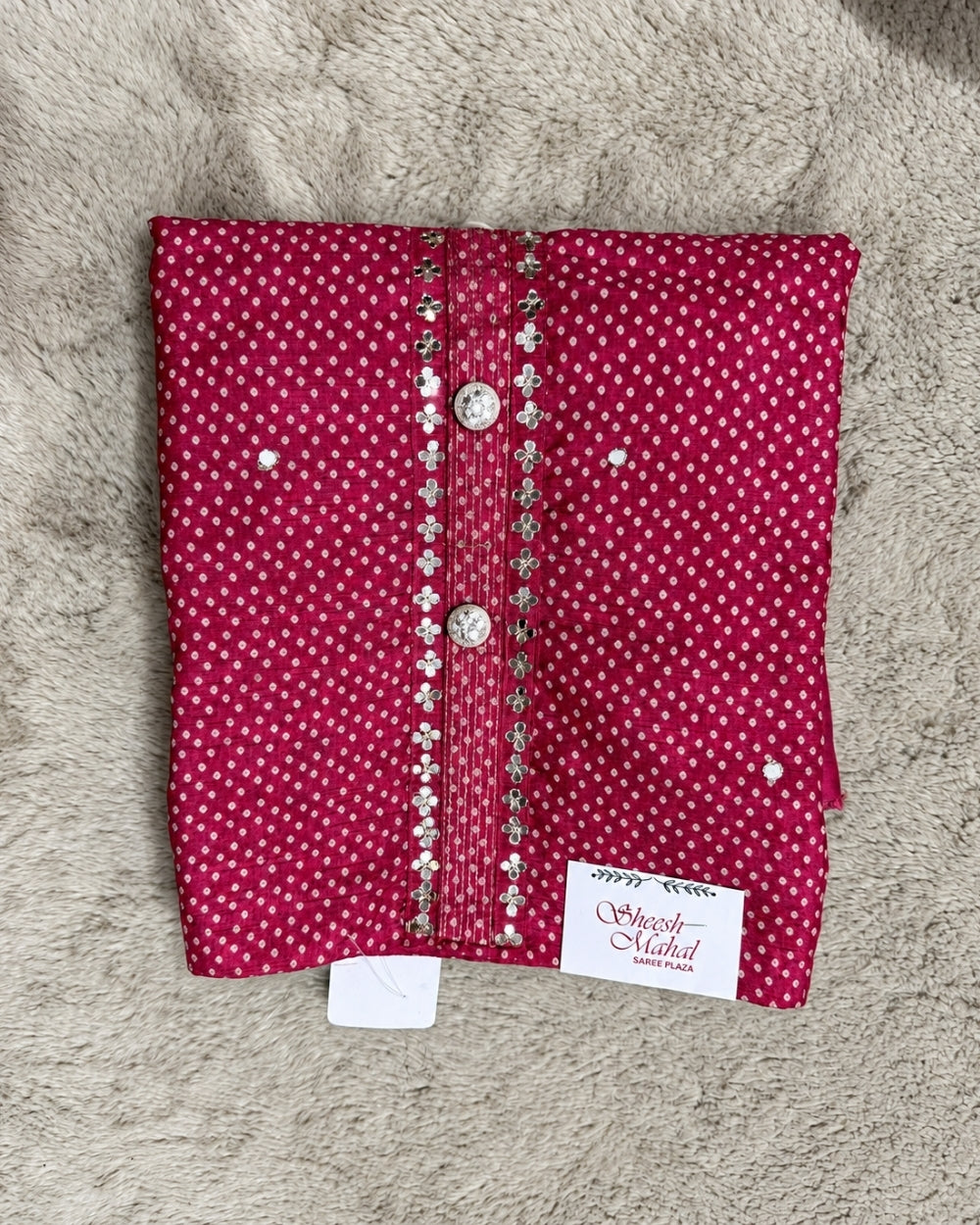 Chanderi silk rani colour with dabo kalmkariprint goota work neck (12640019)