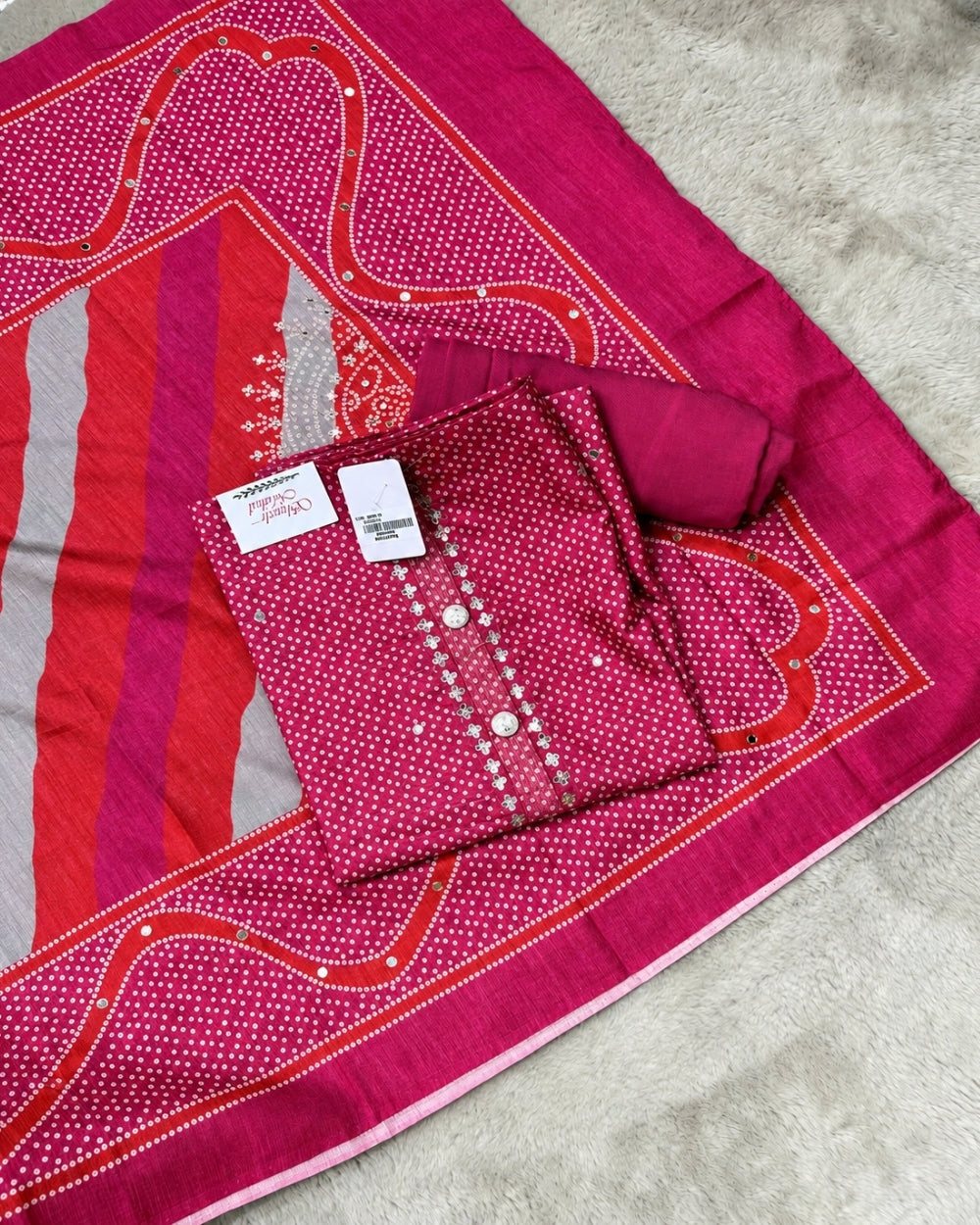 Chanderi silk rani colour with dabo kalmkariprint goota work neck (12640019)
