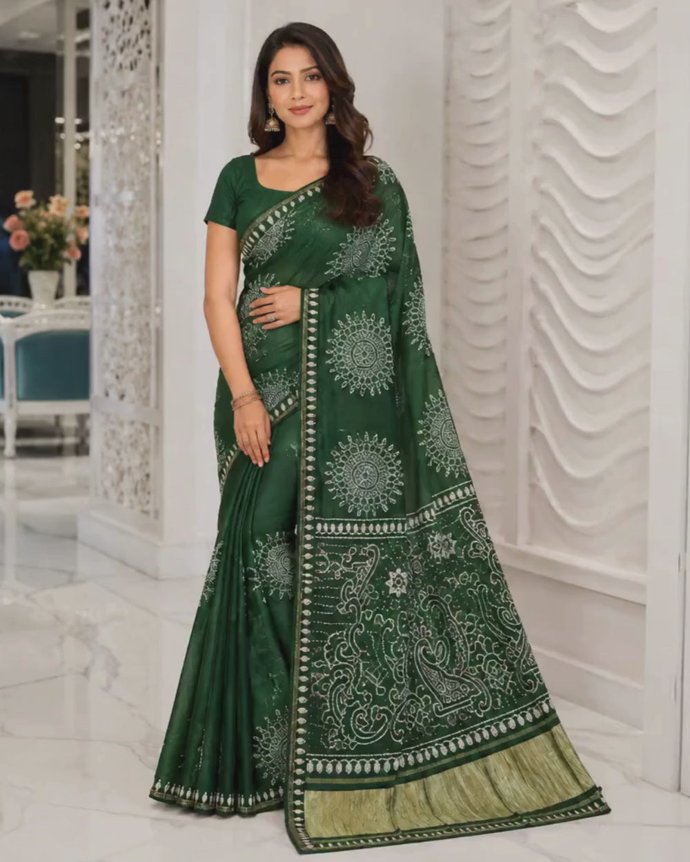Green Monga Crepe Bandhej Saree with Mirror & Gotta Patti Work (12626021)