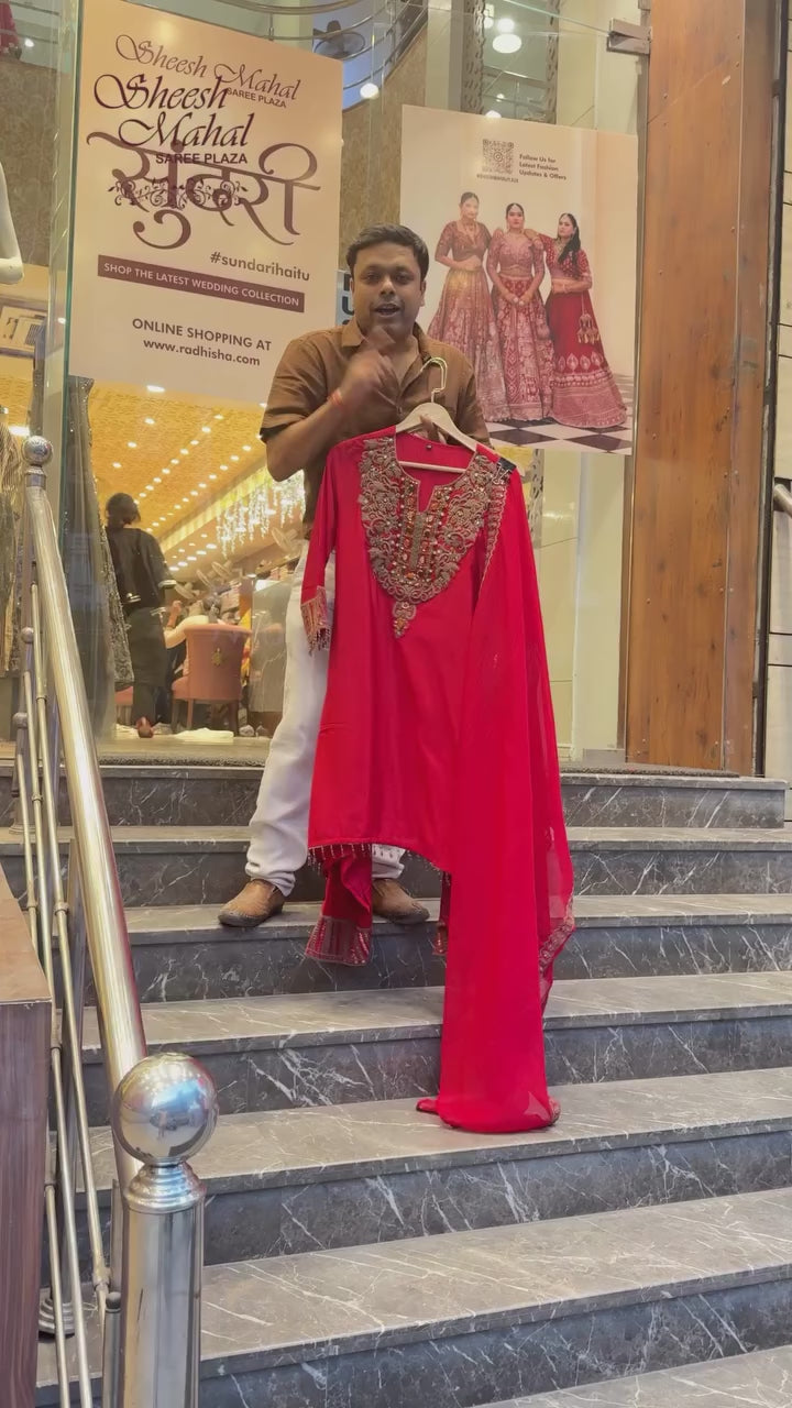 Rani Pink Chinon Farshi Salwar Suit with Antique Work & Gemstone Embellishment (12643280)