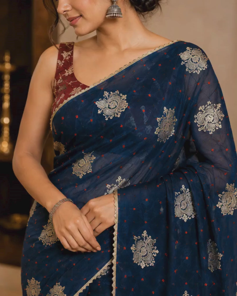 Blue Munga Weaving Bandhej Saree with Red Blouse (12626113)