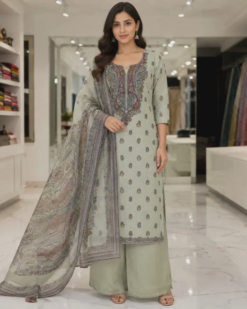 Mul Cotton Suit with French Knot Neck Work (12625484)