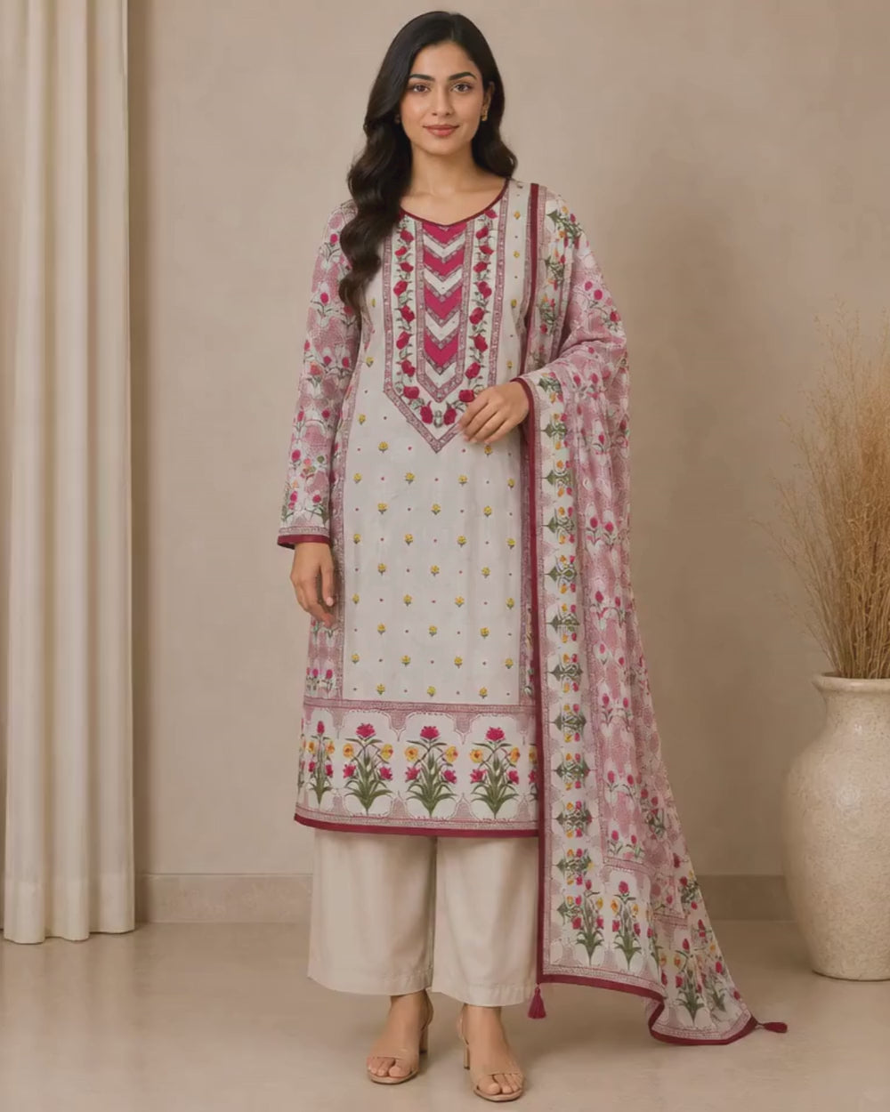 Muslin Printed Suit with French Knot Work & Dupatta (12612574)