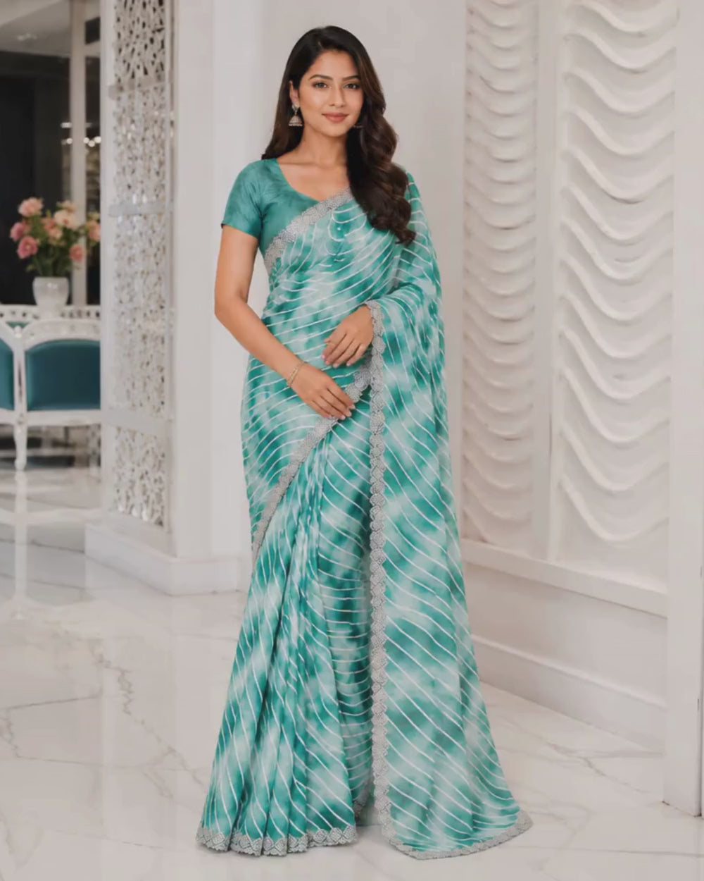 Green Georgette Lehariya Saree with Swarovski Border Work (12626332)
