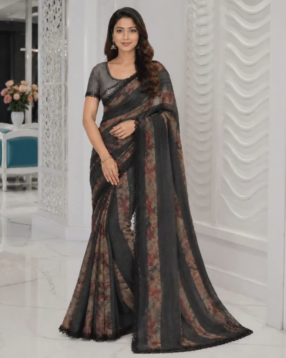 Black Jimmy Choo Saree with Foil Digital Print & Bead Work (12626616)