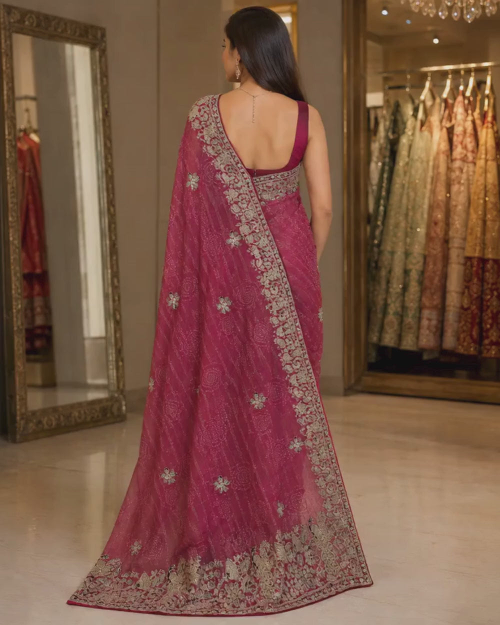 Georgette Zari Weaving Saree with Jardozi Peacock Border & Bandhej Print (12625367)