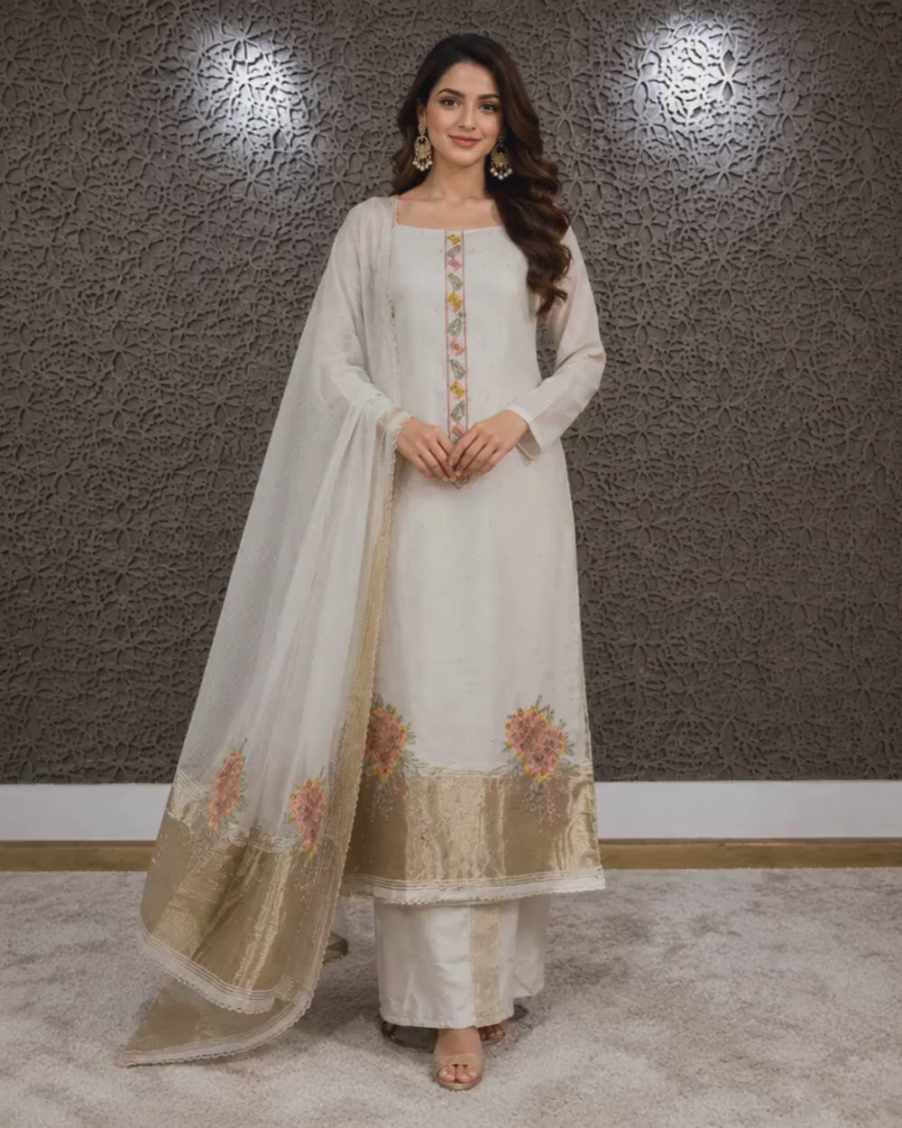 Mul Chanderi Suit with Resham Chain Stitch & Lakdi Patta (12625950)