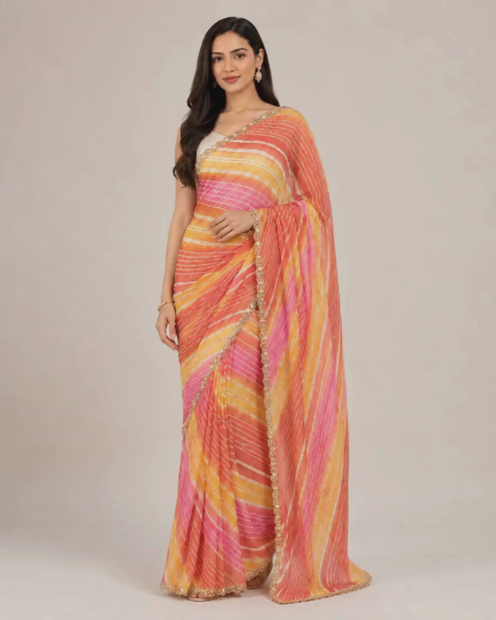 Orange Yellow Chiffon Lehariya Saree with Hand Mirror & Nalki Work (12626080)
