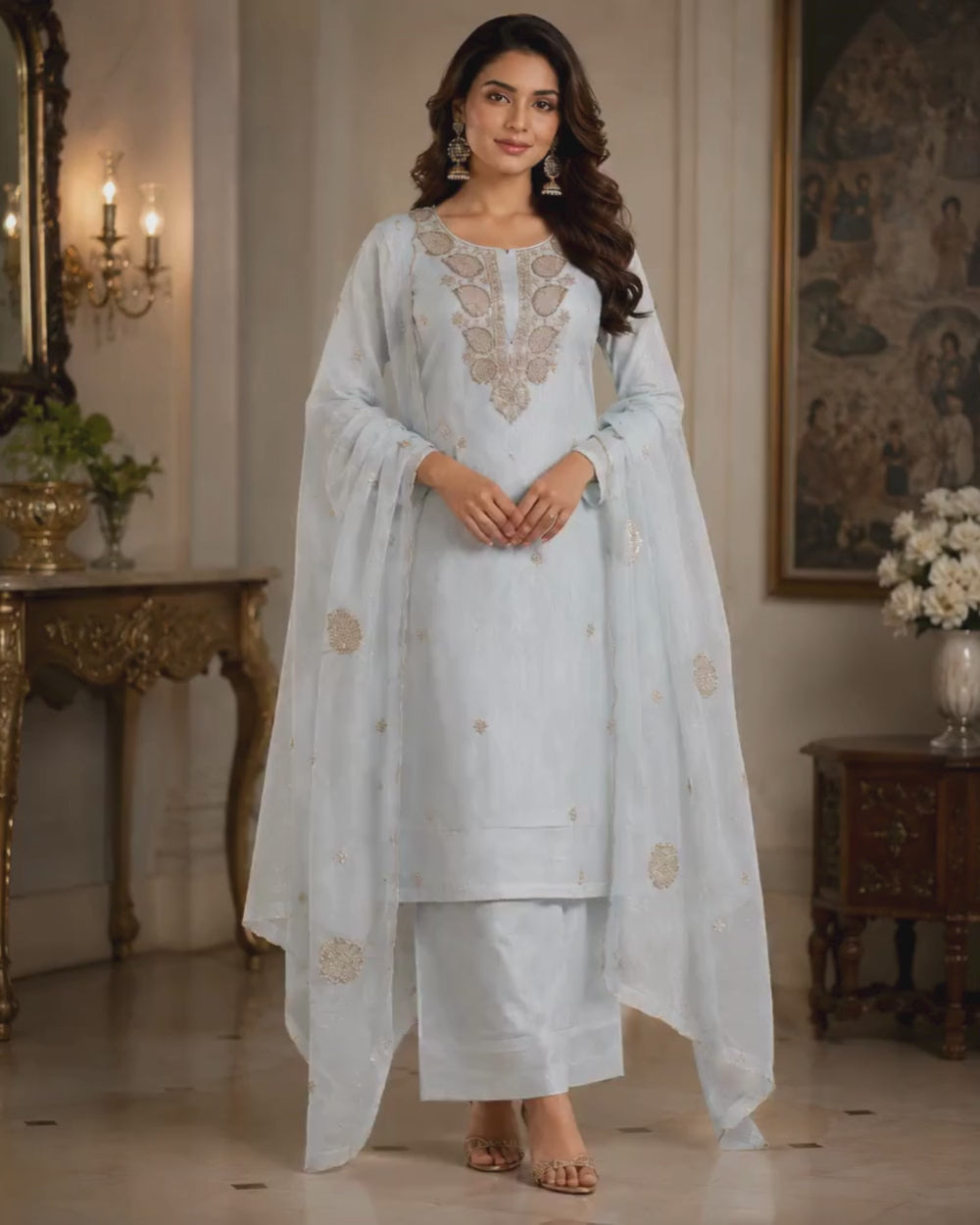 Light Sea Blue Mul Cotton Suit with Bead Work (12625890)