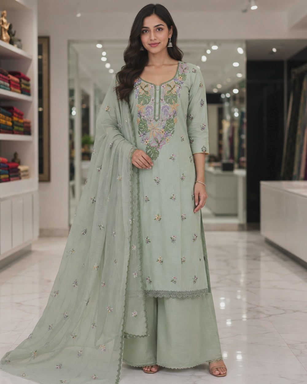 Pista Green Mul Cotton Suit with Resham Embroidery (12625861)